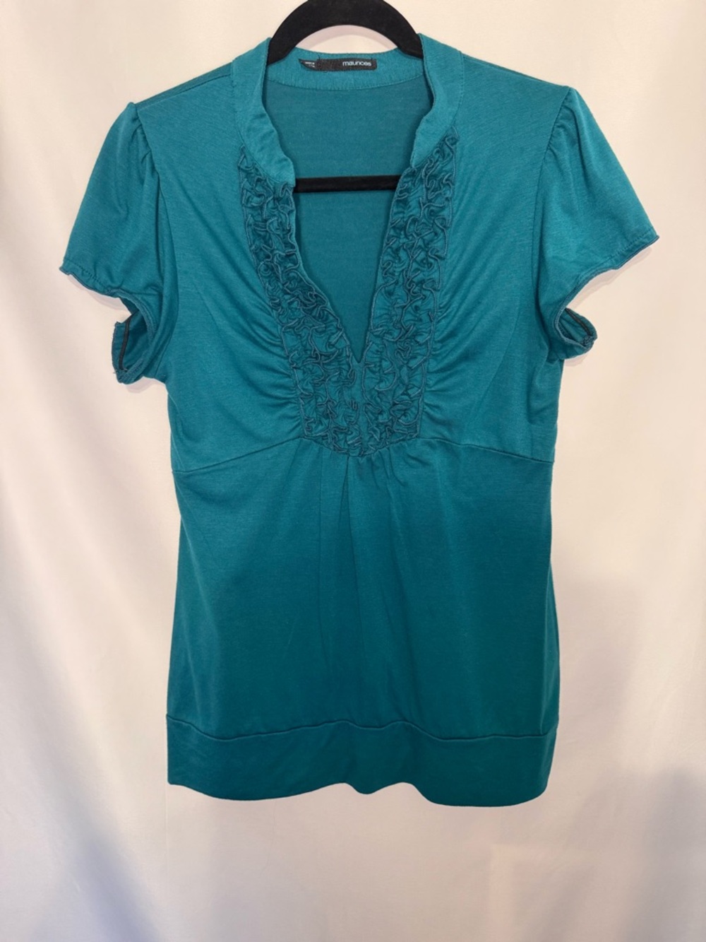 Maurices Teal Ruffle-Trim V-Neck Short Sleeve Top